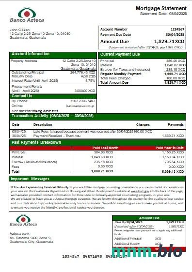 Gwatemala Bank Azteca wyciąg z kredytu hipotecznego szablon Word i PDF